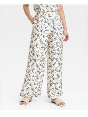 a new day Cream Wide-Leg Floral Pants with Blue Print